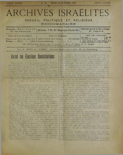 Archives israélites de France. Vol.80 N°44 (30 oct. 1919)